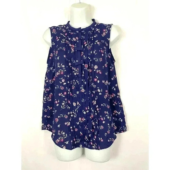 LC by Lauren Conrad Blue Floral Print Top Blouse SMALL Sleeveless - Picture 11 of 11